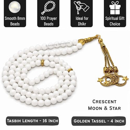 Amazing Gemstone Crystal Tasbeeh with Moon and Star Charm - Certified Crystal Muslim Prayer Beads Natural Gemstone Tasbih Gift for Ramadan Dhikr and Daily Namaz (G) - color: Mother of Pearl