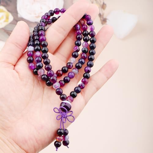 AD Beads 6mm 8mm 108 Prayer Mala Jasper Elastic Bracelet - Handmade Yoga Meditation Healing Power Energy Gifts for Unisex Adult. - color: Purple Stripe Agate(Tranquility)