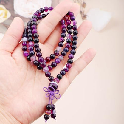 AD Beads 6mm 8mm 108 Prayer Mala Jasper Elastic Bracelet - Handmade Yoga Meditation Healing Power Energy Gifts for Unisex Adult. - color: Purple Stripe Agate(Tranquility)