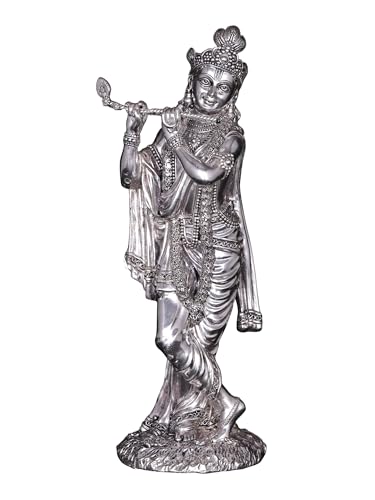Exotic India Superfine Standing Lord Krishna Brass Statue | Kanha Ji Playing Flute Idol for Pooja Home Temple Murti Gift - color: Silver, size: 8 Inch