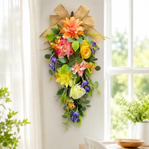 Svndlyn Lighted Spring Summer Floral Teardrop Swag with Burlap Bow, Dahlia