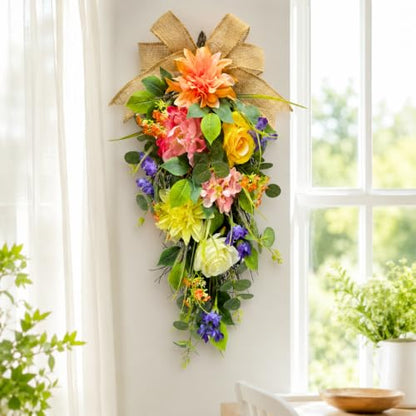 Svndlyn Lighted Spring Summer Floral Teardrop Swag with Burlap Bow, Dahlia