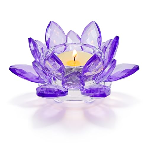 1 Pc Purple Crystal Lotus Flower Tealight Candle Holder | Glass Votive Candlestick Decor for Home, Wedding, Party & Christmas Table Centerpieces - color: Purple 1pc