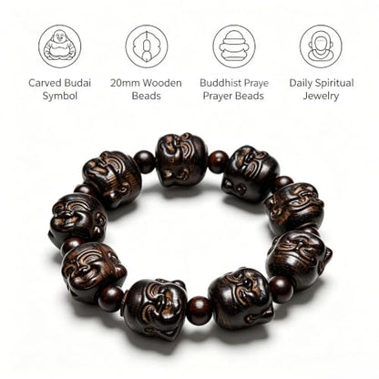 Pear Wood Buddha Beads Mala Bracelet Hand Carved Wooden Beads with Luminous Jade Lucky Charms Wealth Attracting Buddhist Prayer Bracelet for Men and Women Healing Energy Running Ring - color: Brown