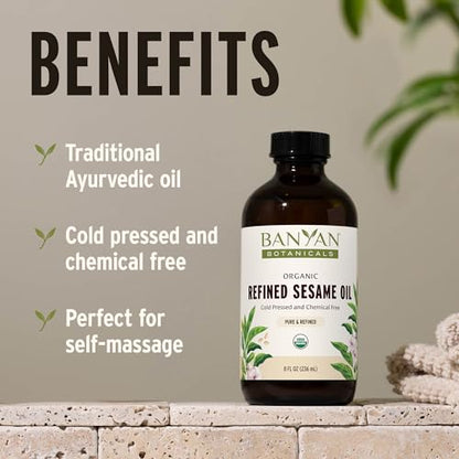 Banyan Botanicals Refined Sesame Oil – Organic Sesame Oil for Skin, Body, Hair & More – Multiple Sizes – 8 oz – Non GMO Sustainably Sourced Vegan - size: 8 Fl Oz (Pack of 1)