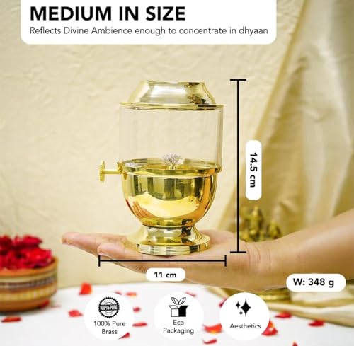 Pure Brass Akhand Jyot Diya with Borosilicate Glass Cover - Small Size Adjustable Wick Lever 250ml Oil Capacity 48-Hour Burn Time Authentic Oil Lamp for Prayer and Meditation - Gold - size: Small Without Plate