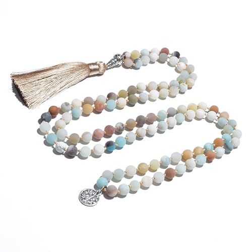 108 Mala Prayer Beads Necklace Natural Stones Meditation Yoga Jewery 108 Hand Knotted Japa Mala Beaded Long Tassel Necklace with Tree of Life Pendant for Men and Women - color: 8mm Amazonite
