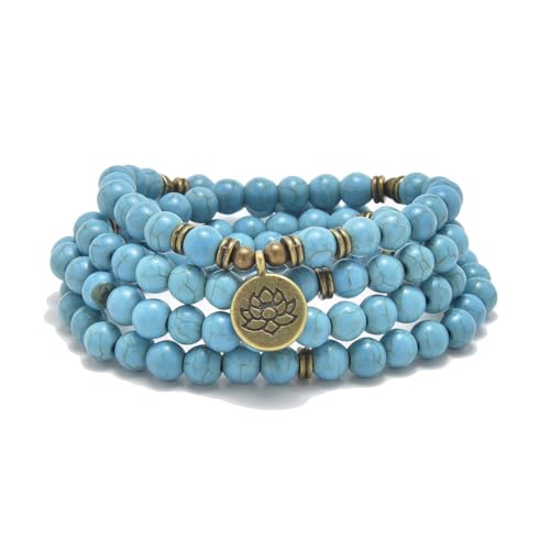 108 Natural Stone Mala Beads Yoga Bracelet with Lotus Charm - style: Green Turquoise