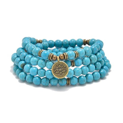 108 Natural Stone Mala Beads Yoga Bracelet with Lotus Charm - style: Green Turquoise