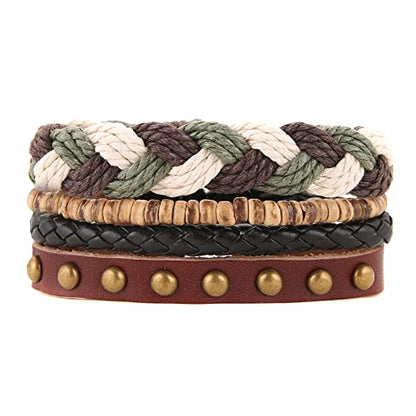 HZMAN Handmade Hemp Cords Wood Beads Leather Bracelets for Men Women - style: Cross Braided