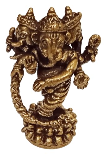 Purpledip Rare Miniature Brass Idol Standing 3-Head Trimukha Ganesha: Collectible Statue with Fine Workmanship (12698D)