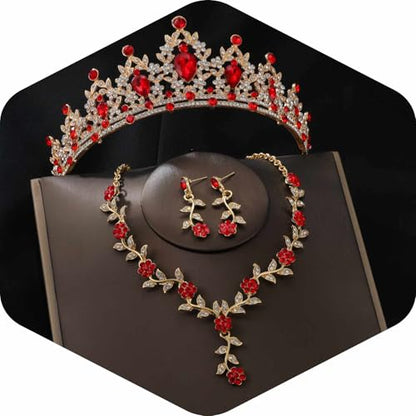Kamirola Tiaras and Crowns for Women,Tiaras Earrings Necklace, Crystal Bridal Jewelry Set, Costume Party Halloween Prom Pageant Jewelry for Women(TR45) - color: Gold Red