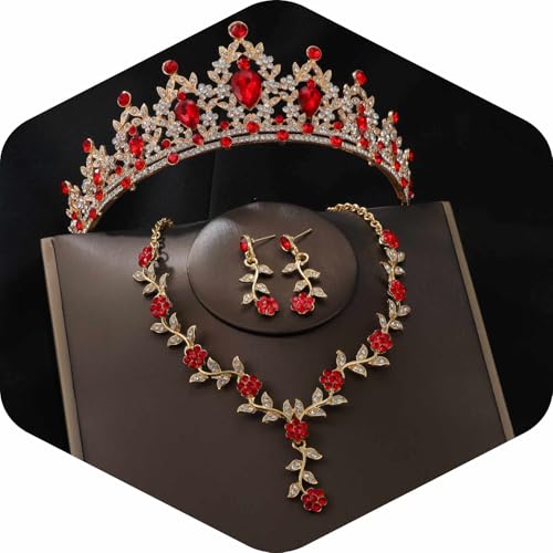 Kamirola Tiaras and Crowns for Women,Tiaras Earrings Necklace, Crystal Bridal Jewelry Set, Costume Party Halloween Prom Pageant Jewelry for Women(TR45) - color: Gold Red