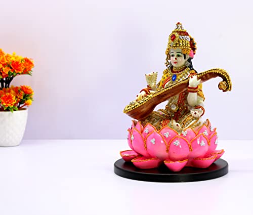 eSplanade Saraswati on Lotus | Saraswati Goddess Murti Idol Statue Sculpture Figurine - Resin - Multi - 10.5" Inches