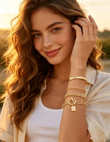 10 Pcs 14K Gold Plated Bracelet for Women, Dainty Stackable Chain Set - color: Yellow Gold