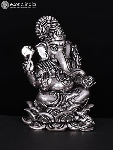 Exotic India Small Superfine Blessing Lord Ganesha Brass Statue | Silver Plated Ganpati Idol Figurine Gift for Home Décor, Office, Table Decorative
