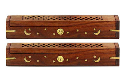 COTTON CRAFT Sheesham Wood Incense Burner Holder - Set of 2 Incense Burners - color: Natural - Sun & Moon Inlays, size: 2 Pack