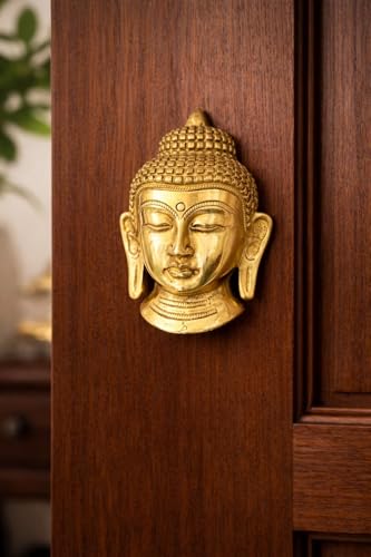 athizay Buddha Face Brass Hanging Sculpture Door or Wall Hanging Metal Idol 13 x 8 cm for Home Decoration Gold