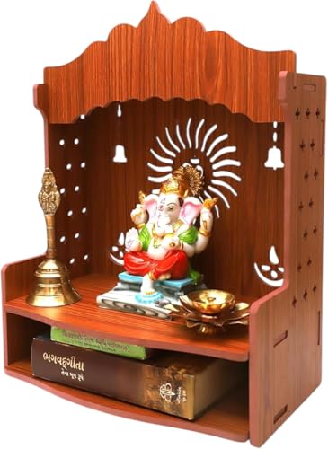 Wooden Temple Mandir, Brown Gold, Om Sun Jali Design with Storage, Traditional Indian Style, 20 x 12 x 24 Inch
