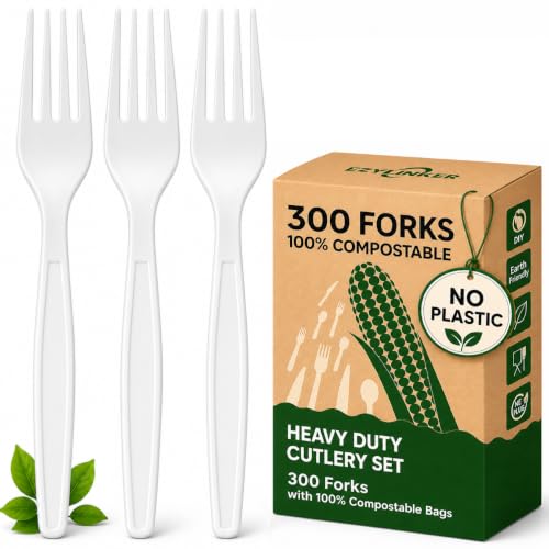 300-Count Compostable Forks - Eco-friendly, Heavy Duty BPI Certified, Plastic-Free Disposable Forks Set for BBQ, Camping, Events - Plant-Based No Plastic Forks Set - size: 300 Forks