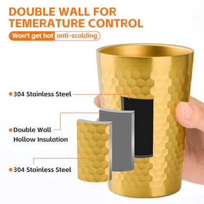 10 Pack 12 oz Stainless Steel Insulated Cup, Honeycomb Double Wall Vacuum Small Metal Cup, Reusable Camping Cups Unbreakable Indoor Outdoor for Party, Home, Office, BBQ, Gold - size: 10PC