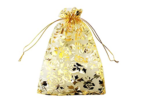 100 Pack 5 x 7 Inch Organza Jewelry Gift Pouch B381, Gold Flower - color: gold flower