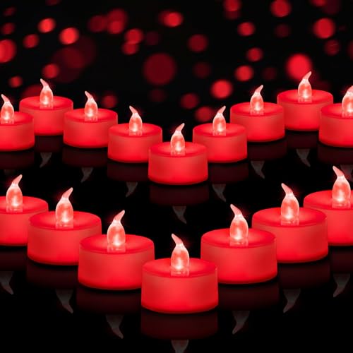 Tea Lights Battery Operated Candles LED Tea Lights Flameless Candles 200+ Hours Flickering Fake Tealights for Sweetest Day Wedding Home Decorations Party (Red Base, 24 Pack) - color: Red Base, size: 24 PACK