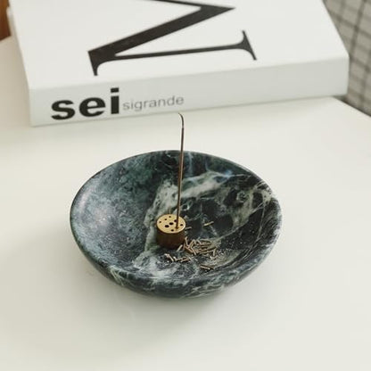 Koville Natural Marble Incense Holder, Incense Holder for Sticks with 9 Holes, Handmade Incense Burner Ash Catcher for Meditation Yoga SPA, Balsam Fir/Palo Santo/Sage/Cone (Green) - color: D=150-alpi Green