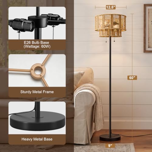 OYEARS 60" Farmhouse Floor Lamps for Living Room, Pull Chain&Rattan Shade