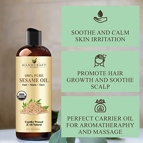 Handcraft Blends Organic Sesame Oil - 8 Fl Oz - 100% Pure and Natural - Premium Grade Carrier Oil for Skin and Hair - Hair and Body - Massage - Expeller-Pressed and Hexane-Free - size: 8 Fl Oz (Pack of 1)