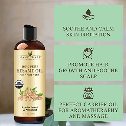 Handcraft Blends Organic Sesame Oil - 8 Fl Oz - 100% Pure and Natural - Premium Grade Carrier Oil for Skin and Hair - Hair and Body - Massage - Expeller-Pressed and Hexane-Free - size: 8 Fl Oz (Pack of 1)