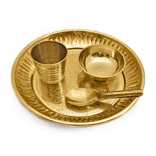 Satvik Brass 4 Pc Bhog Thali Set for Laddu Gopal with Glass, Bowl and Pooja Spoon for Home and Temple Kanha Ji Bhog Plate Set (Small) - size: Small