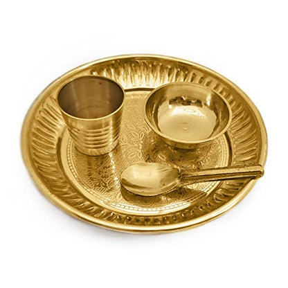 Satvik Brass 4 Pc Bhog Thali Set for Laddu Gopal with Glass, Bowl and Pooja Spoon for Home and Temple Kanha Ji Bhog Plate Set (Small) - size: Small