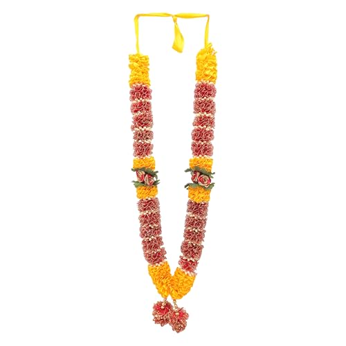 Mala Ribbon Flower Garland Mala for God Idol Pooja Sringar Ornament(20") - color: Yellow and Red