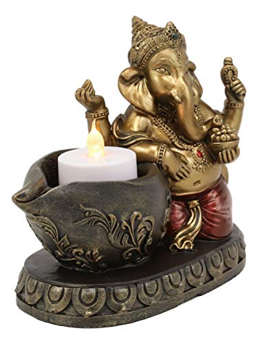 Ebros Gift Lord God Ganesha Chaturthi Avatar with Modaka Bowl of Sweets Kneeling by Well Votive Candle Holder Figurine 9.25" Long Ganesh Moon Curse Candleholder Statue