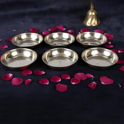 Craftsman SATVIK 6 Pc Set Pure Brass Pujan Prasad Bhog Thali Mandir Temple Indian Hindu Rituals Diwali Festive Kahnaji Bhog Puja Plate Indian Housewarming Return Gift Items Bulk