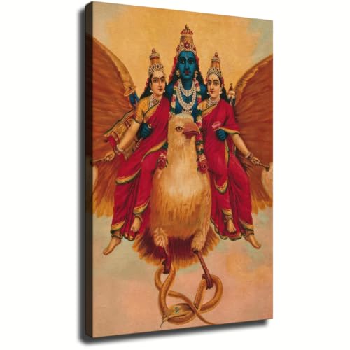 Lord Vishnu On Garuda Hindu Wall Art (Framed,28x40 inch) - size: 28x40 inch