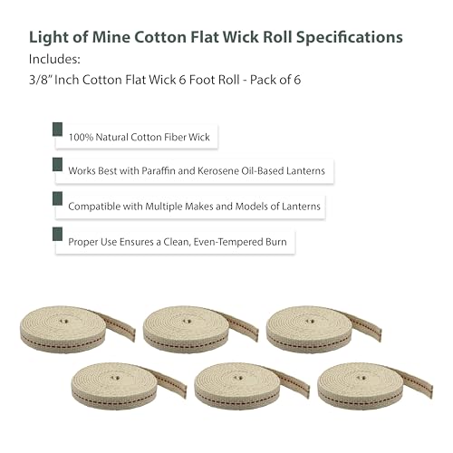 Light of Mine - 3/8" Inch 6' Foot, 100% Cotton Flat Wick - 6 Pack, for Paraffin Oil, Kerosene Based Lanterns, and Oil Lamps with Genuine Red Stitch (3/8" - 6' Roll, 6 Pack) - size: 3/8" 6 foot - 6 Pack