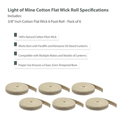 Light of Mine - 3/8" Inch 6' Foot, 100% Cotton Flat Wick - 6 Pack, for Paraffin Oil, Kerosene Based Lanterns, and Oil Lamps with Genuine Red Stitch (3/8" - 6' Roll, 6 Pack) - size: 3/8" 6 foot - 6 Pack