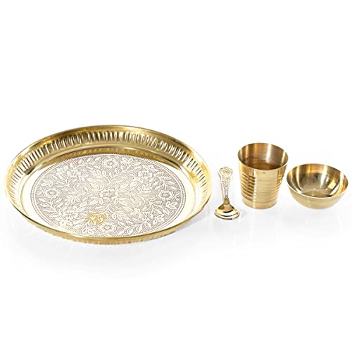 Decorative Brass Flower Design Pooja Thali Set of 4 Pcs,Indian Traditional Brass Pooja 1 Plate with 1 Bowl, 1 Glass and 1 Spoon for Temple and Home Bhog Thali Set Gift (Size:-8'')(Golden) - size: 7 Inches