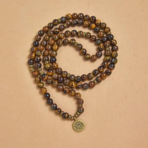 108 Natural Stone Mala Beads Yoga Bracelet with Lotus Charm - style: Brown Tiger Eye