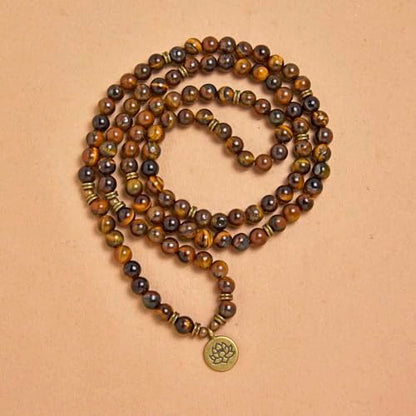 108 Natural Stone Mala Beads Yoga Bracelet with Lotus Charm - style: Brown Tiger Eye