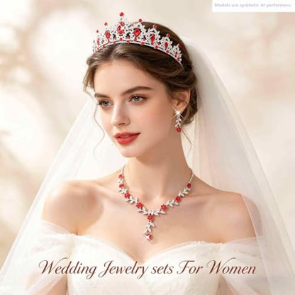 Kamirola Tiaras and Crowns for Women,Tiaras Earrings Necklace, Crystal Bridal Jewelry Set, Costume Party Halloween Prom Pageant Jewelry for Women(TR45) - color: Silver Red