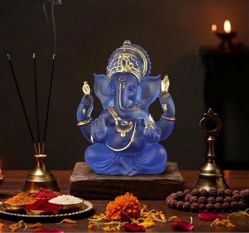 Transparent Ganesh Idol Statue for Table Top, Desktop & Home Decor | 14 cm Glass-Look Multicolor Ganpati Murti for Pooja, Home Mandir, Diwali Gift, Meditation & Calm Yoga Decor (Blue) - color: Blue