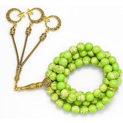 Amazing Gemstone Crystal Tasbeeh with Moon and Star Charm - Certified Crystal Muslim Prayer Beads Natural Gemstone Tasbih Gift for Ramadan Dhikr and Daily Namaz (G) - color: Green Turquoise