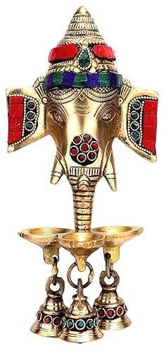 NOBILITY Ganesha Brass Diya Hanging with Bell Gemstone Work Ganesh Idol Statue Oil Lamp for Home Temple Mandir Office Decorative Pooja Set Puja Thali Diwali Wedding Return Gift Items