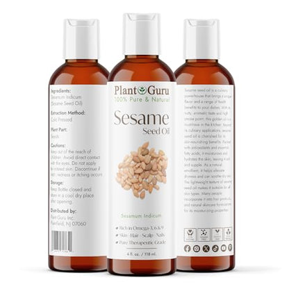 Sesame Seed Oil 4 fl. oz. – Cold Pressed, 100% Pure & Natural Carrier for Skin, Face, Body, Hair, and Cooking. Great for DIY Creams, Lotions, and Lip Balms. - size: 4 Fl Oz (Pack of 1)