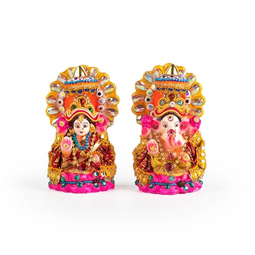 Lakshmi Ganesh Statue Hand Painted Idols Traditional Hindu Murti for Religious Hindu Festival Diwali Mandir Temple Pooja & Gifting (Lakshmi Ganesh Design-1) - color: Lakshmi Ganesh Design-1
