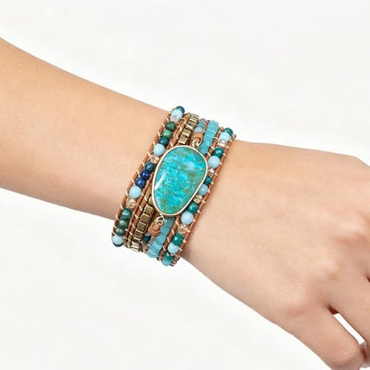 Plumiss Women Boho Handmade Natural Stone Crystal Leather Bead Wrap Bracelets Collection - style: Chrysocolla-Ne