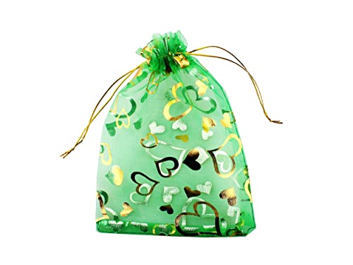 100 Pack 5 x 7 Inch Organza Jewelry Gift Pouch B381, Green Heart - color: green heart